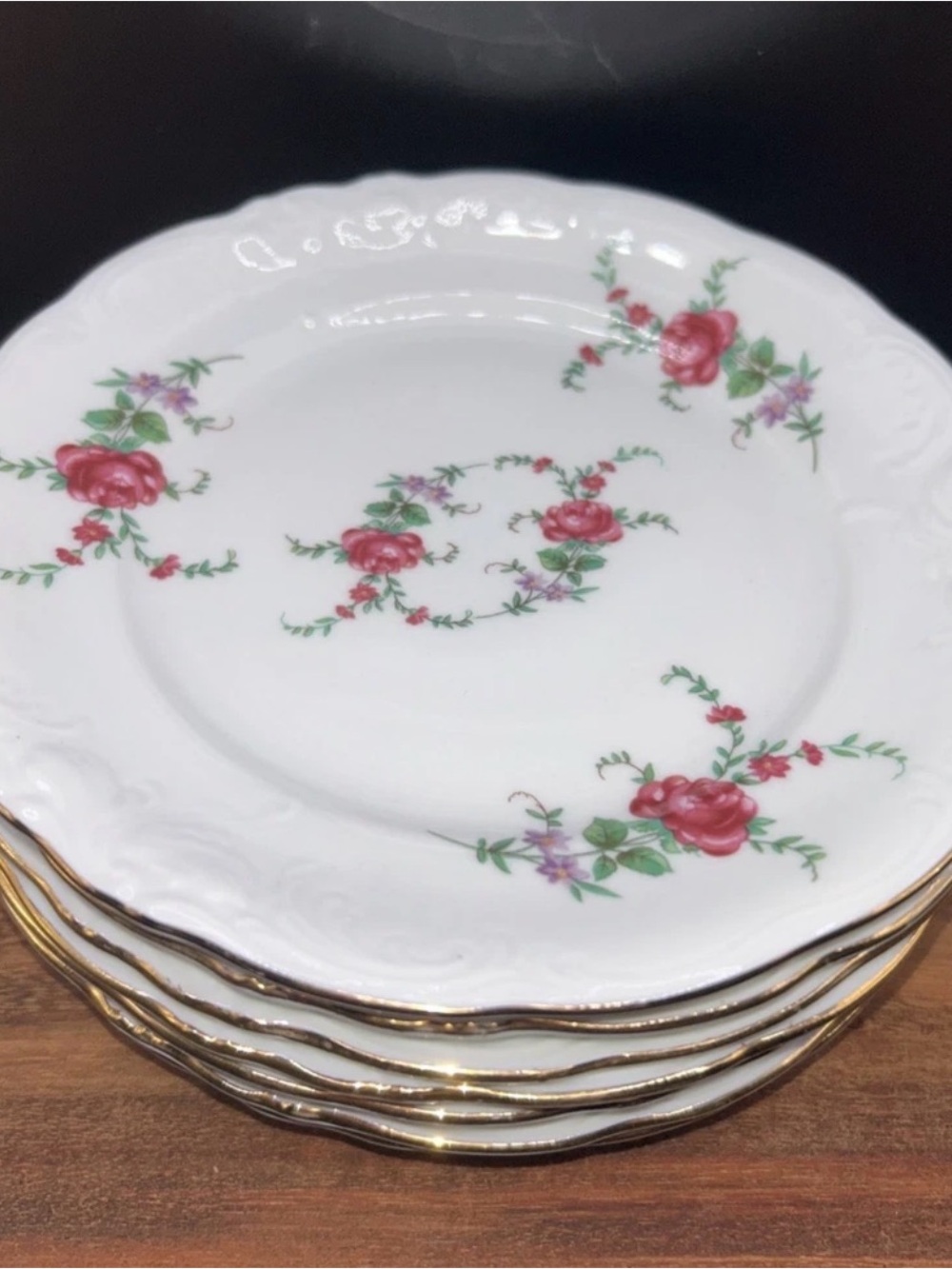 Set of 6 Wawel Poland Moss Rose Bread Butter Dessert Plates Pink Roses Gold Trim